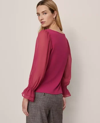 Ann Taylor Tops And Blouses|Petite Mixed Media Pleated Sleeve Top Berry Splash