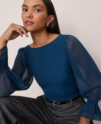 Ann Taylor Tops And Blouses|Petite Mixed Media Pleated Sleeve Top Moonlit Backdrop