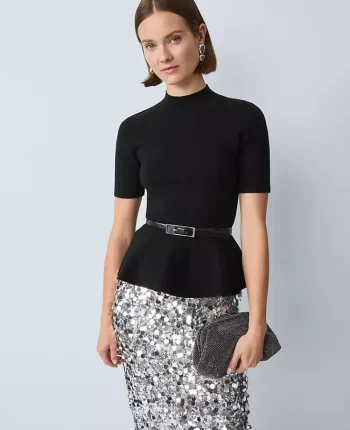 Ann Taylor Petite Sweaters|Petite Mock Neck Peplum Top Black