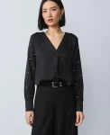 Ann Taylor Tops And Blouses|Petite Pearl Embellished Mixed Media Top Black