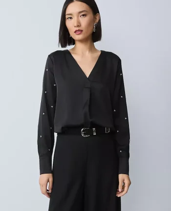 Ann Taylor Tops And Blouses|Petite Pearl Embellished Mixed Media Top Black