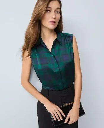 Ann Taylor Tops And Blouses|Petite Plaid Satin Sleeveless Shirt Rainforest