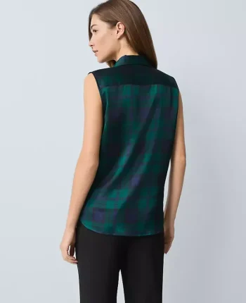 Ann Taylor Tops And Blouses|Petite Plaid Satin Sleeveless Shirt Rainforest