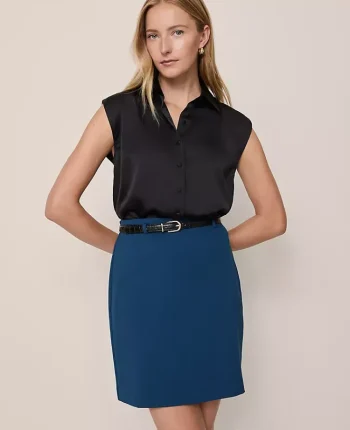 Ann Taylor Petite Skirts|Petite Ponte Belted A-Line Skirt Moonlit Backdrop