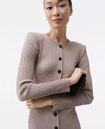 Ann Taylor Petite Sweaters|Petite Dresses|Petite Ribbed Button Sweater Dress Mocha Meringue