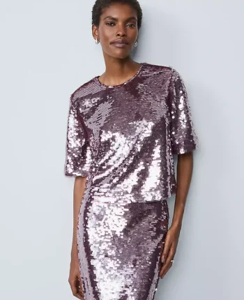 Ann Taylor Tops And Blouses|Petite Sequin Crew Neck Blouse Frosted Burgundy