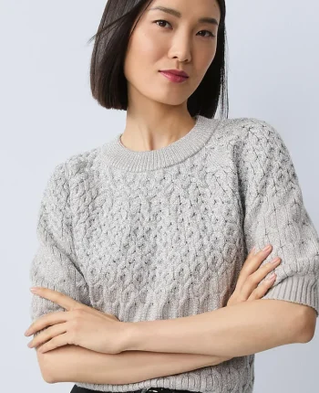 Ann Taylor Sweaters|All Sweaters|Petite Shimmer Cable Sweater Tee Medium Light Heather Grey