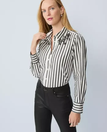 Ann Taylor Tops And Blouses|Petite Striped Embellished Shirt Black