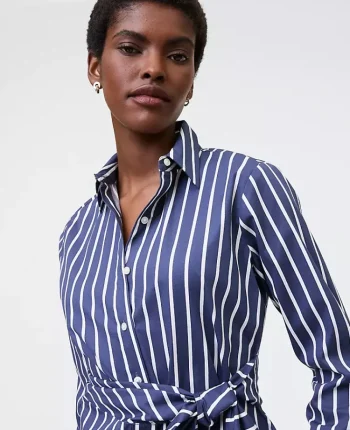 Ann Taylor New Petite Styles|Petite Striped Tie Waist Button Down Shirt Subdued Navy