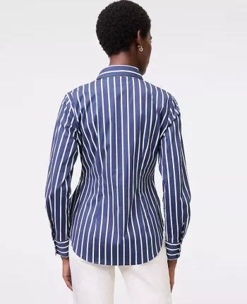 Ann Taylor New Petite Styles|Petite Striped Tie Waist Button Down Shirt Subdued Navy