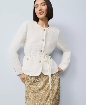 Ann Taylor Jackets And Blazers|Petite Jackets And Blazers|Petite Tweed Belted Jacket Winter White