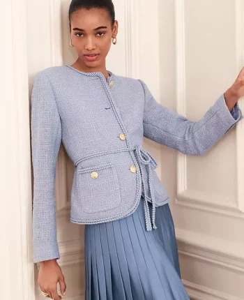 Ann Taylor Jackets And Blazers|Petite Tweed Belted Jacket Placid Blue