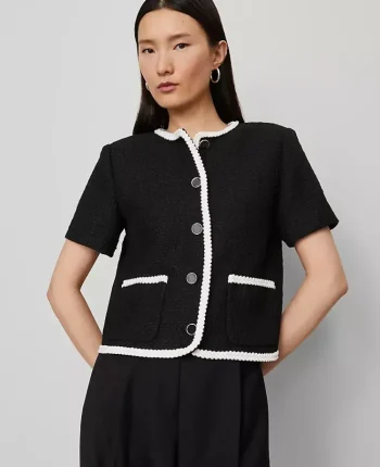 Ann Taylor Jackets And Blazers|Petite Jackets And Blazers|Petite Tweed Trim Jacket Black