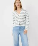 Ann Taylor Petite Sweaters|Petite Tweedy V-Neck Sweater Jacket White Multi