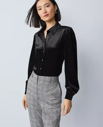 Ann Taylor Tops And Blouses|Petite Velvet Button Down Shirt Black