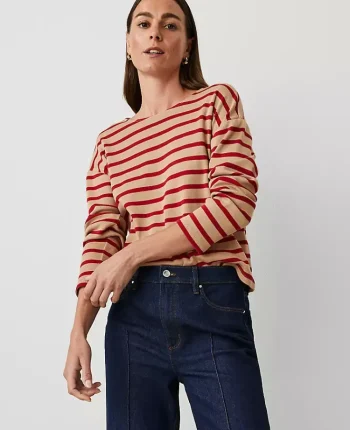 Ann Taylor Petite Weekend|Petite Weekend|Petite Weekend Collection Stripe Relaxed Long Sleeve Top Cafe Au Lait