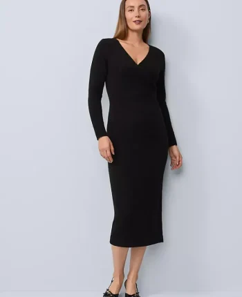 Ann Taylor Petite Sweaters|Petite Dresses|Petite Wrap Effect Sweater Sheath Dress Black