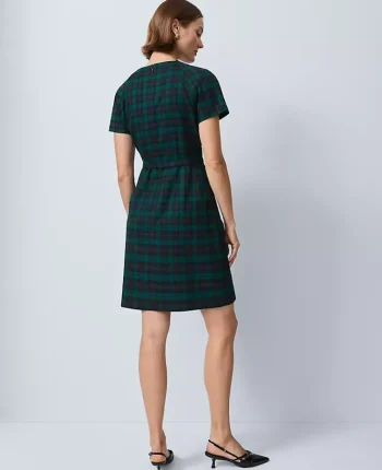 Ann Taylor Dresses|Plaid Belted Sheath Dress Rainforest