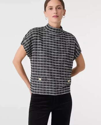 Ann Taylor Tops And Blouses|Plaid Tweed Mock Neck Top Black/White Multi