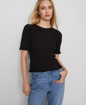 Ann Taylor Tops And Blouses|Popcorn Knit Ruffle Trim Blouse Black