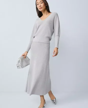 Ann Taylor Skirts|Ribbed Lurex Midi Skirt Medium Light Heather Grey