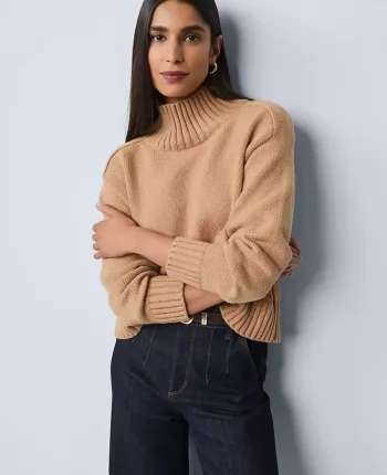 Ann Taylor Pullover Sweaters|Ribbed Mock Neck Sweater Cafe Au Lait