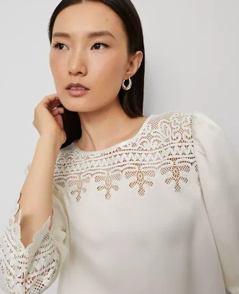 Ann Taylor Tops And Blouses|Satin Lace Trim Top Winter White