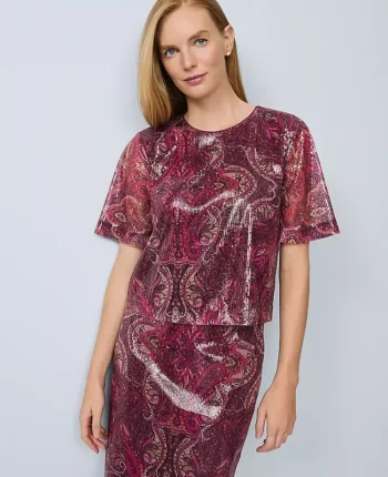Ann Taylor Tops And Blouses|Sequin Paisley Top Poised Plum