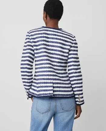 Ann Taylor Jackets And Blazers|Striped Boucl&eacute; Tweed Fitted Jacket Blue/White Combo