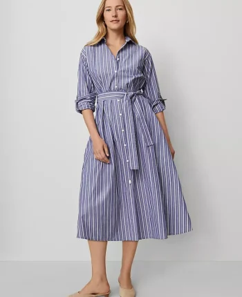 Ann Taylor Dresses|Striped Collared Midi Shirtdress Shaded Periwinkle