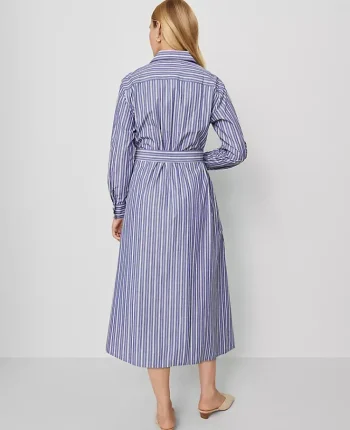 Ann Taylor Dresses|Striped Collared Midi Shirtdress Shaded Periwinkle
