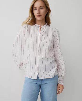 Ann Taylor Tops And Blouses|Striped Cutout Smocked Cuff Blouse Pink / Navy
