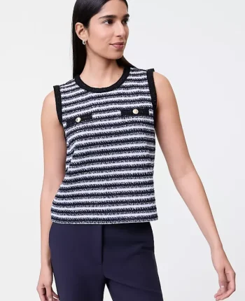 Ann Taylor Tops And Blouses|Striped Tweed Trim Top Navy/White