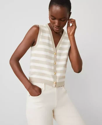 Ann Taylor Tops And Blouses|Striped V-Neck Vest Toasted Oat