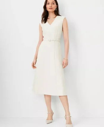 Ann Taylor Petite Dresses|Petite Suits|The Petite Belted V-Neck Midi Dress In Fluid Crepe Ivory Whisper