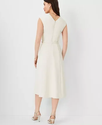 Ann Taylor Petite Dresses|Petite Suits|The Petite Belted V-Neck Midi Dress In Fluid Crepe Ivory Whisper