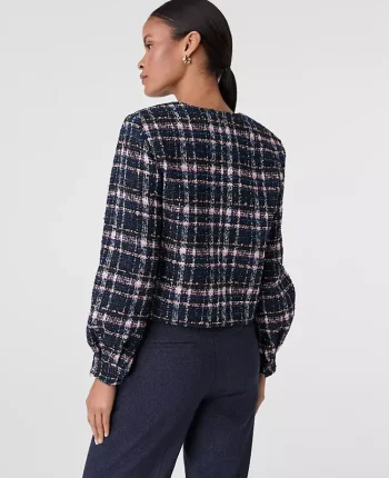 Ann Taylor Petite Jackets And Blazers|The Petite Crew Neck Jacket In Plaid Tweed Pink/Blue Plaid