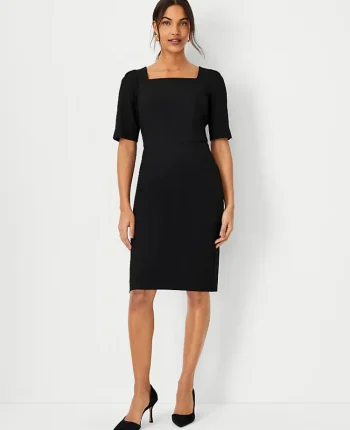 Ann Taylor Petite Dresses|Petite Suits|The Petite Elbow Sleeve Square Neck Dress In Seasonless Stretch Core Black