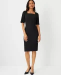 Ann Taylor Petite Dresses|Petite Suits|The Petite Elbow Sleeve Square Neck Dress In Seasonless Stretch - Curvy Fit Core Black