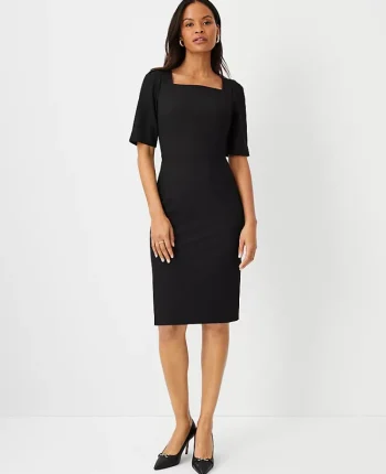 Ann Taylor Petite Dresses|Petite Suits|The Petite Elbow Sleeve Square Neck Dress In Seasonless Stretch - Curvy Fit Core Black