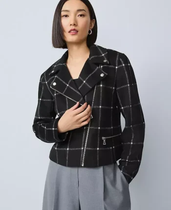 Ann Taylor Jackets And Blazers|Petite Jackets And Blazers|The Petite Fitted Moto Jacket In Windowpane Black