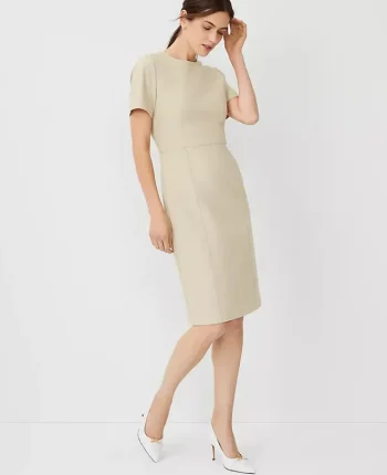 Ann Taylor Petite Dresses|Petite Suits|The Petite Short Sleeve Sheath Dress In Bi-Stretch Toasted Oat