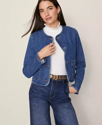 Ann Taylor Jackets And Blazers|Weekend Collection Crew Neck Denim Jacket Classic Indigo Wash