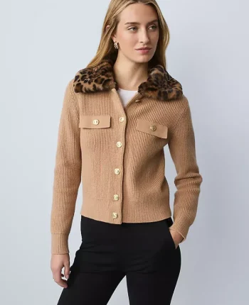 Ann Taylor Sweaters|All Sweaters|Weekend Collection Faux Fur Trim Ribbed Jacket Cafe Au Lait