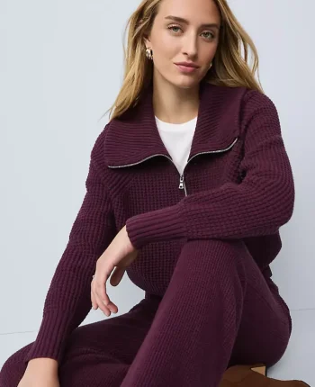 Ann Taylor Pullover Sweaters|Weekend Sweaters|Weekend Collection Half-Zip Waffle Sweater Poised Plum