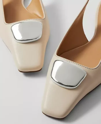 Ann Taylor Weekend Shoes|Weekend Shoes|Weekend Collection Hardware Embellished Leather Slingback Flat Cream Beige