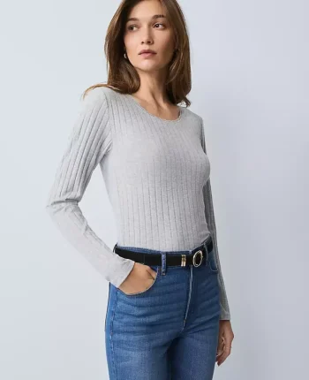Ann Taylor Tops And Blouses|Weekend Tops|Weekend Collection Lace Trim Pointelle Top Medium Light Heather Grey