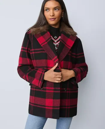 Ann Taylor Jackets And Blazers|Weekend Jackets|Weekend Collection Plaid Faux Fur Trimmed Peacoat Black