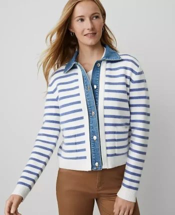 Ann Taylor Sweaters|All Sweaters|Weekend Collection Striped Denim Sweater Jacket Light Blue/White Combo