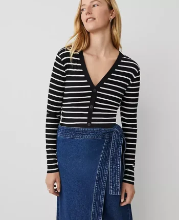 Ann Taylor Tops And Blouses|Weekend Tops|Weekend Collection Striped V-Neck Cardigan Black